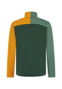 Giacca in fleece con colletto alto, caratterizzata da blocchi di colore verde, giallo e teal smorzato, texture liscia e maniche lunghe.