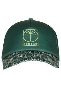Zelena kapa s satenskim finishem. Ima uzorak na viziru u tamnozelenoj, bijeloj boji i naglascima. Izpred se nalazi "PROTEST" logo.