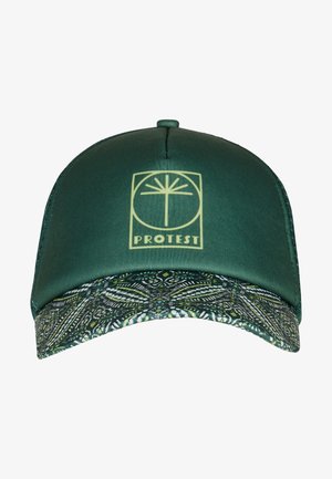Casquette verte avec une finition satinée. Présente une visière à motifs en vert foncé, blanc et accents. L'avant affiche le logo "PROTEST".