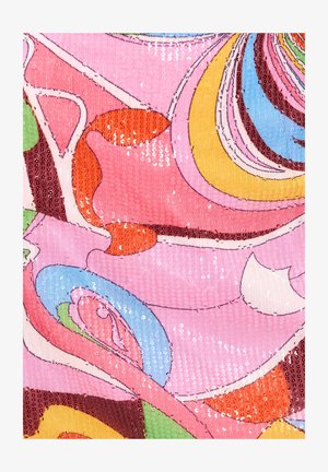 Multikleurige paillettenstof met een draaiend patroon. Prominente kleuren zijn roze, oranje, geel, groen en blauw. Soepele textuur.