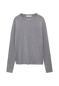 Siva majica dugih rukava od mekanog materijala s okruglim izrezom i ležernim krojem, s šavom koji ide duž prednje strane.
