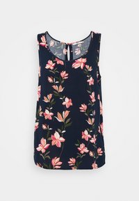 Navy sininen sleeveless-pusero, jossa on kukkakuosi, jossa on vaaleanpunaisia ja valkoisia kukkia. Pyöreä pääntie, jossa on avaus avainreiän tyylillä takana. Pehmeää kangasta.