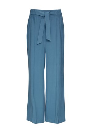 Blue wide-leg trousers made from soft fabric. Features an elastic waistband with a front tie and side pockets for functionality.