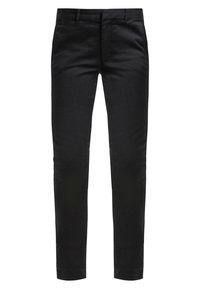 Pantaloni neri slim-fit con passanti per cintura e chiusura a cerniera frontale, mostrati su uno sfondo bianco.