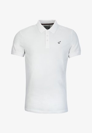 Weißes Poloshirt mit einem kragenlosen Ausschnitt, kurzen Ärmeln, Knopfleiste und einem kleinen schwarzen Logo auf der linken Brust. Weicher Baumwollstoff.