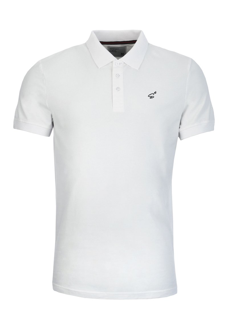 Weißes Poloshirt mit einem kragenlosen Ausschnitt, kurzen Ärmeln, Knopfleiste und einem kleinen schwarzen Logo auf der linken Brust. Weicher Baumwollstoff.