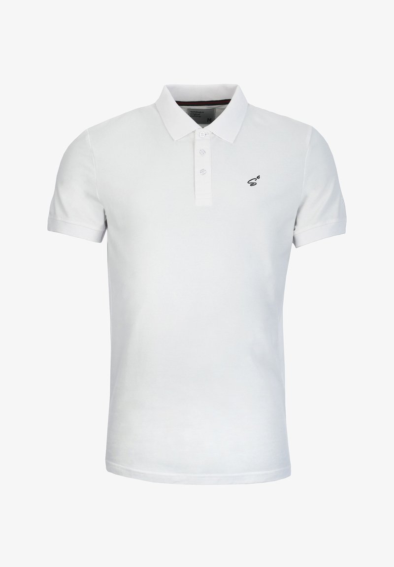 White polo shirt with a collared neckline, short sleeves, button placket, and a small black logo on the left chest. Soft cotton fabric.