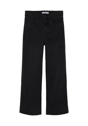 Pantalon large en denim noir avec une taille haute, cinq poches et une braguette avec bouton et fermeture éclair. Caractérisé par une coupe droite classique et un ourlet uniforme.