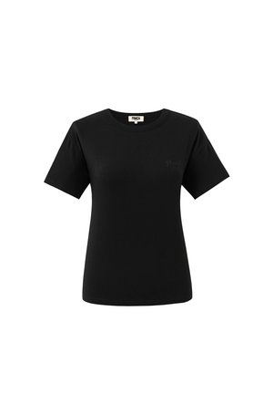 Zwarte katoenen t-shirt met korte mouwen, ronde hals en subtiele geborduurde logo op de borst. Soepele textuur en standaard pasvorm.