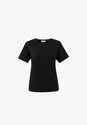 Zwarte katoenen t-shirt met korte mouwen, ronde hals en subtiele geborduurde logo op de borst. Soepele textuur en standaard pasvorm.