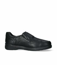 Scarpa nera in pelle senza lacci con una finitura texturizzata, punta arrotondata e accenti elastici sui lati. Presenta una suola imbottita per il comfort.