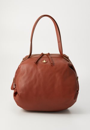Brown leather handbag with a round shape, zip closure, two handles, and gold-tone hardware accents. Smooth texture with minimal detailing.