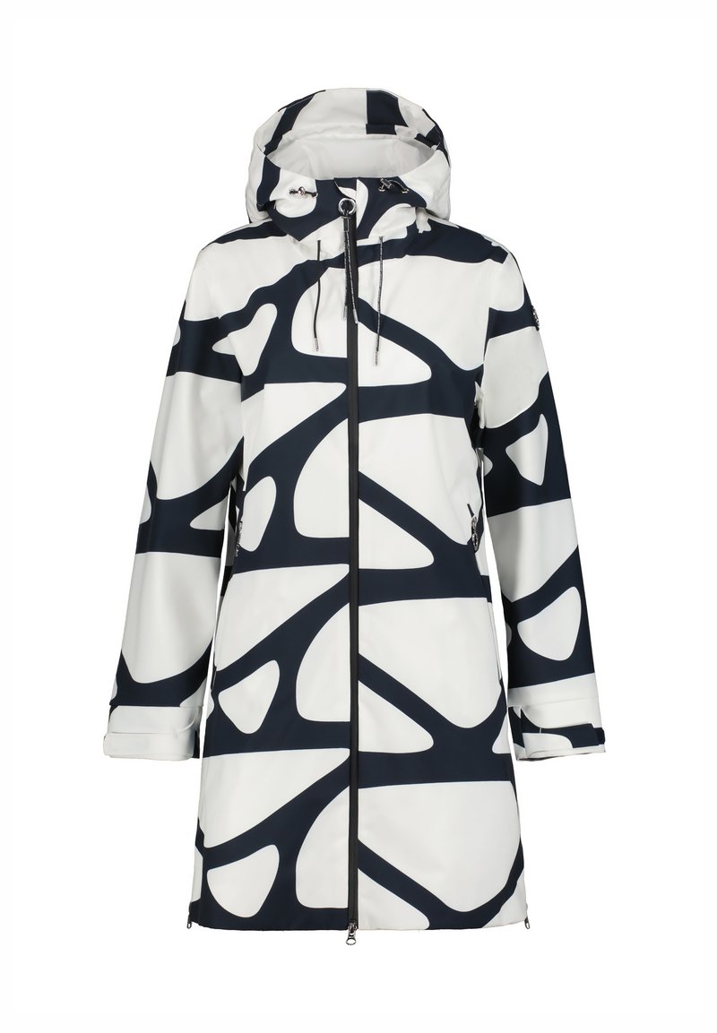 Veste imperméable avec capuche, présentant une base blanche et un motif abstrait noir, fermeture éclair et cordon ajustable au niveau du cou.