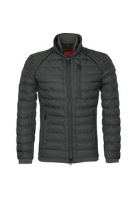 Mörkgrå puffjacka med quiltad textur, hög krage, dragkedja framtill och fickdetaljer. Den har slitstarkt tyg och en slim fit-design.