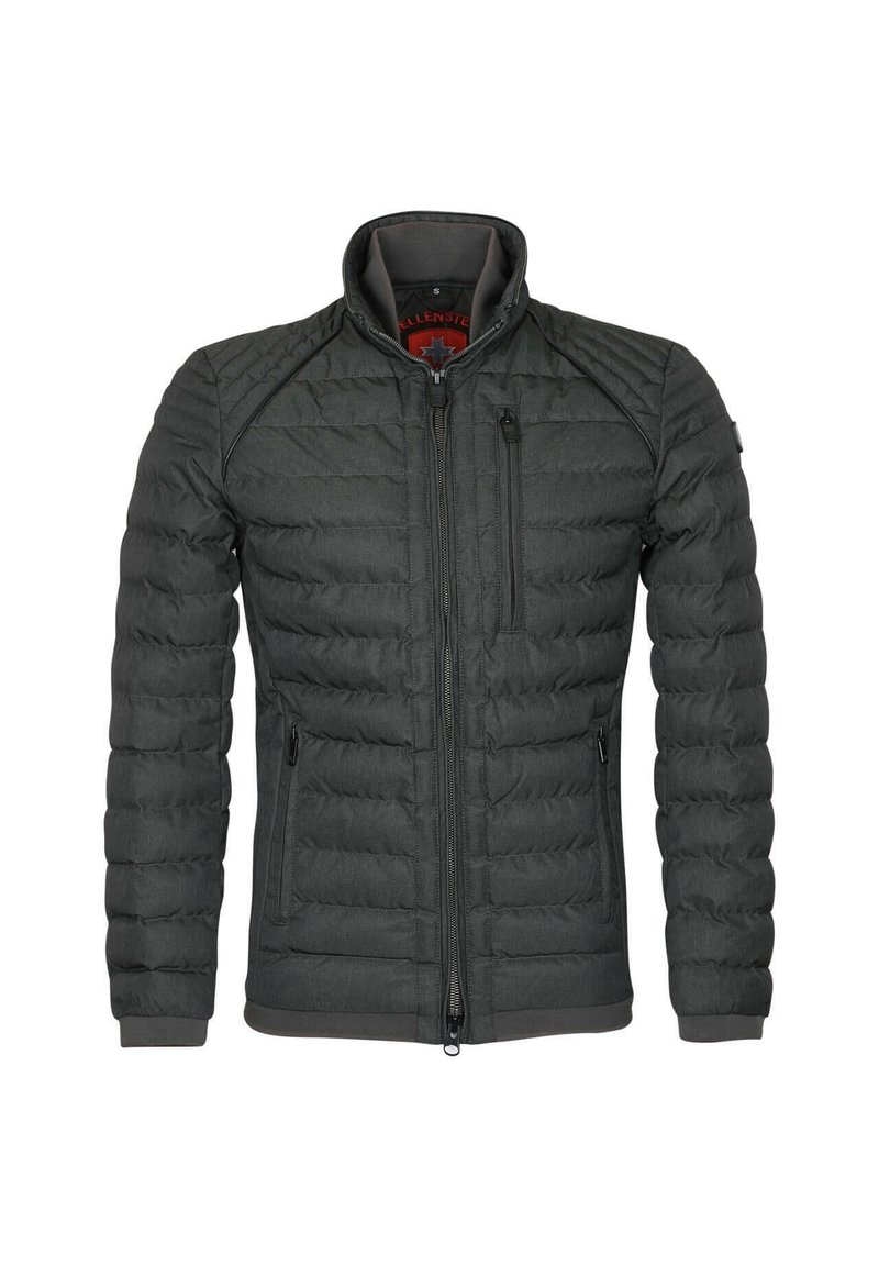 Mörkgrå puffjacka med quiltad textur, hög krage, dragkedja framtill och fickdetaljer. Den har slitstarkt tyg och en slim fit-design.