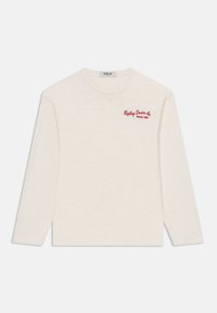 Długo rękawowa jasna koszula wykonana z miękkiego materiału, z czerwonym haftowanym napisem "Replay Denim Co. Since 1981" na piersi. Prosty design, okrągły dekolt.