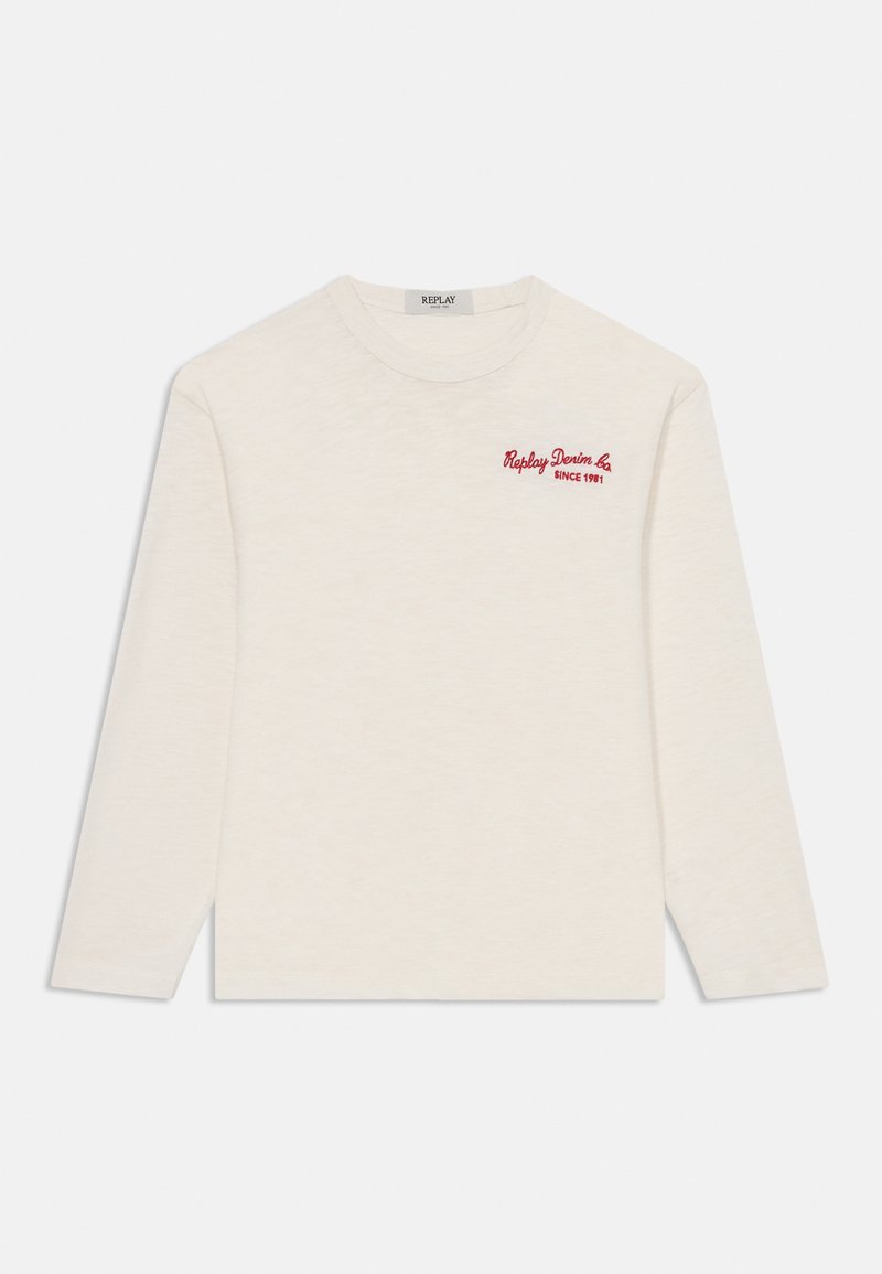 Hosszú ujjú krémszínű ing, puha anyagból, piros hímzett szöveggel: "Replay Denim Co. Since 1981" a mellkasán. Egyszerű dizájn, kerek nyakkivágással.