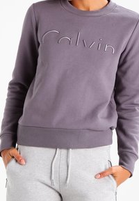 Sudadera gris hecha de una tela suave, con un logo bordado en un tono más claro. Tiene un cuello redondo y puños y bajo acanalados.