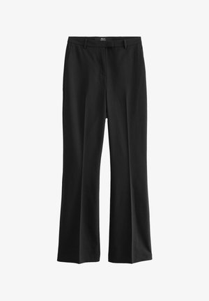 Czarne spodnie z szerokimi nogawkami wykonane z miękkiego materiału, z płaskim przodem, pętlami na pasek i dwiema bocznymi kieszeniami dla funkcjonalności.