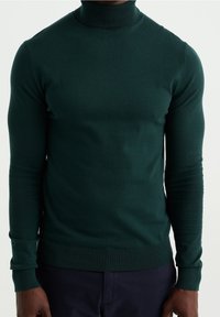 Grön turtle neck-tröja tillverkad av mjukt tyg, med långa ärmar, en åtsittande design och ribbade detaljer vid kragen och nederkanten.