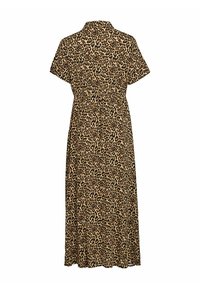Robe imprimée léopard avec des manches courtes, un design à col et une taille élastique, fabriquée en tissu doux, présente une silhouette fluide en forme de A.