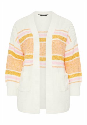 Biały kardigan z otwartym przodem, z poziomymi pomarańczowymi i różowymi paskami, długimi rękawami i kieszeniami z przodu.