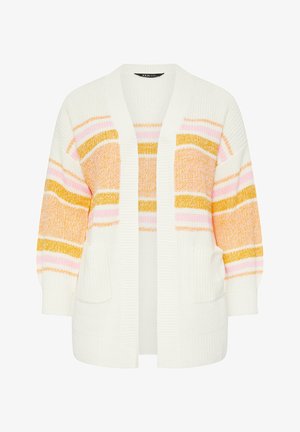 Cardigan blanc ouvert à l'avant avec des rayures horizontales orange et roses, manches longues et poches avant.