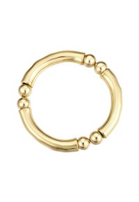 Náramok v zlatej farbe s kombináciou hladkých zakrivených prútikov a okrúhlych korálkov. Dizajn je bezšvový s lešteným, lesklým povrchom.