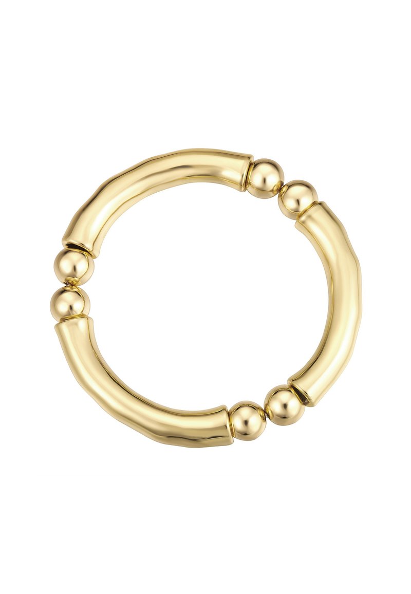 Náramok v zlatej farbe s kombináciou hladkých zakrivených prútikov a okrúhlych korálkov. Dizajn je bezšvový s lešteným, lesklým povrchom.