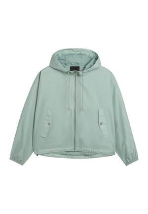 Hellgrüne Kapuzenjacke mit Reißverschluss, Kordelzug, zwei vorderen Klappentaschen mit Druckknöpfen und elastischen Bündchen.