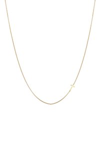 Gouden halsketting met een delicate ketting en een klein kruisje als hanger. De ketting is glad en fijn, wat zorgt voor een minimalistisch ontwerp.