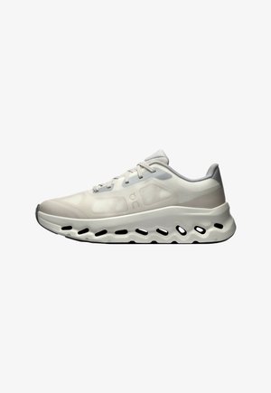 Light grey athletic shoe with a translucent upper, padded collar, and thick white midsole featuring ventilation cutouts. Black rubber outsole.