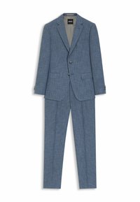 Blaues, strukturiertes zweiteiliges Anzugset mit Blazer mit Kerbkragen und zwei Knöpfen sowie passenden, gerade geschnittenen Hosen.