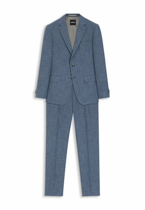 Blaues, strukturiertes zweiteiliges Anzugset mit Blazer mit Kerbkragen und zwei Knöpfen sowie passenden, gerade geschnittenen Hosen.