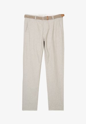 Vaaleanbeiget housut, jotka on valmistettu tekstuurista kankaasta. Housuissa on kaksi etutaskua, kuviollinen vyö ja ruskea nahkakoriste vyössä.