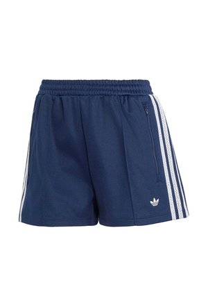 Pantalones cortos deportivos azul marino con cinturilla elástica, tres franjas blancas a los lados, bolsillos con cremallera y pequeño logotipo Blanco de trébol de Adidas en el frente.
