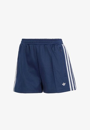 Pantalones cortos deportivos azul marino con cinturilla elástica, tres franjas blancas a los lados, bolsillos con cremallera y pequeño logotipo Blanco de trébol de Adidas en el frente.