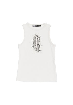 Top bianco senza maniche con scollo rotondo, caratterizzato da una stampa grafica di un cactus circondato da punti. Materiale in cotone morbido; design casual.