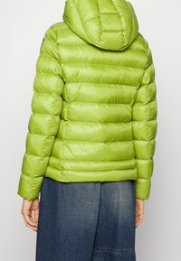 Grøn pufferjakke med hætte, der har et quiltet design, skinnende overflade og elastiske manchetter. Bagsidevinklen afslører vandrette syninger.