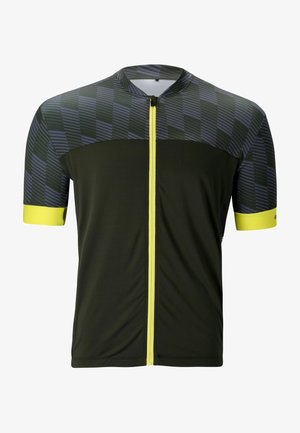 Maillot de cyclisme à manches courtes de couleur vert foncé avec une partie supérieure grise à motifs. Il dispose d'une fermeture éclair intégrale à l'avant et d'accents jaunes sur les manches et la fermeture éclair.