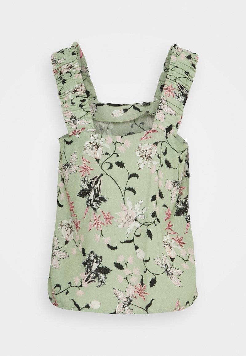 Débardeur vert à motifs floraux avec bretelles volantées froncées. Présente des motifs floraux noirs et roses sur un tissu léger. Encolure carrée.