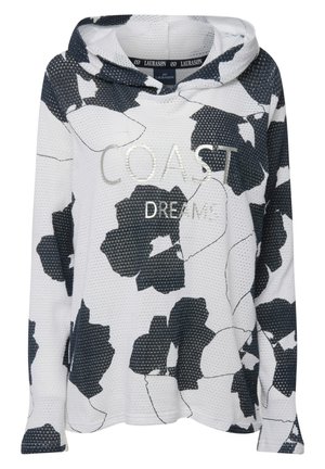 Felpa con cappuccio bianca con motivo floreale blu navy, caratterizzata dalla scritta "COAST DREAMS" in stampa argento. Tessuto testurizzato con maniche lunghe.