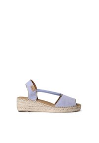 Ljusblå espadrilleplattformssandal med canvasöverdel och flätad jutesula. Har öppen tå, slingbackrem och elastiska detaljer.