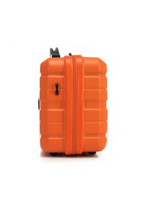 Orange hard-shell suitcase with textured surface, rectangular shape, black zipper, and rolling wheels at the base for mobility.