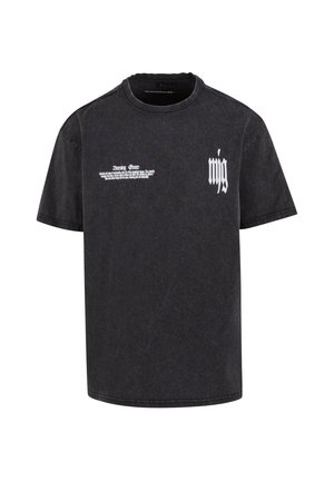 Black cotton t-shirt featuring a crew neck, short sleeves, and front graphic text in white. Distressed texture adds depth.