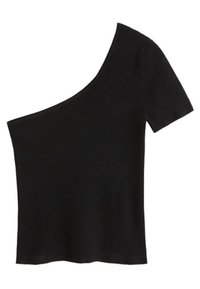 Musta ribattu toppi epäsymmetrisellä kaula-aukolla, lyhyt hiha yhdellä puolella ja tiukka siluetti, jossa on sileä koostumus.