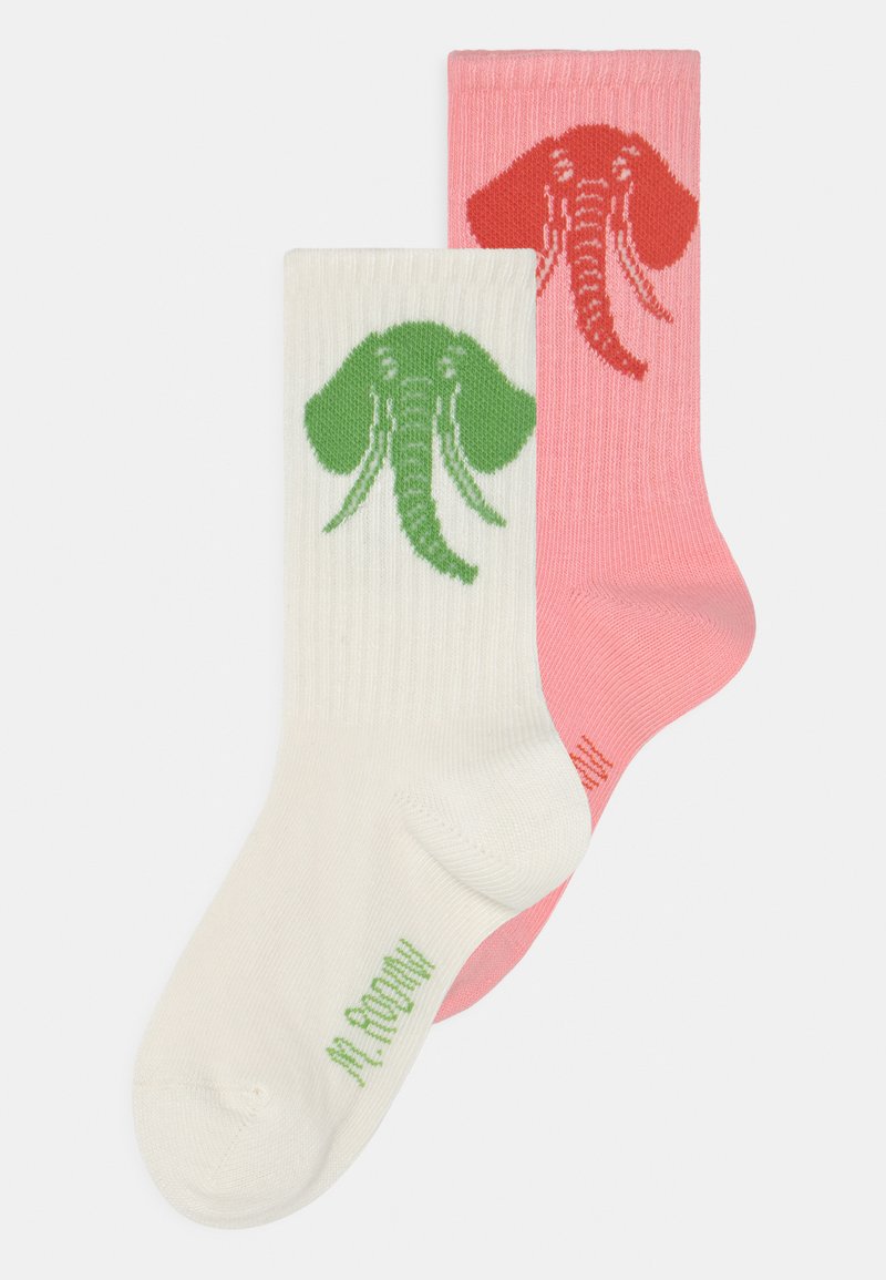 Meias em mistura de algodão, uma branca com desenho de elefante verde e uma rosa com desenho de elefante vermelho. Textura canelada na parte superior, padrões divertidos.