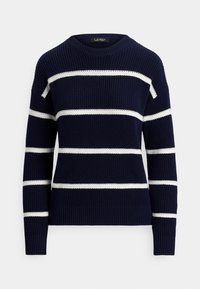 Tmavomodrý pletený sveter s horizontálnymi bielymi pruhmi, rebrovanou textúrou, okrúhlym výstrihom a spusteným ramenom.