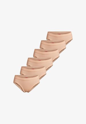 Seks beige bomuldsdamerunderbukser vist i en forskudt rækkefølge på en hvid baggrund.