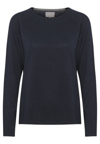 Tengerészkék, hosszú ujjú póló, kerek nyakkal, raglán ujjakkal és puha, texturált anyagból készült. Minimalista dizájn, látható minták vagy díszítések nélkül.